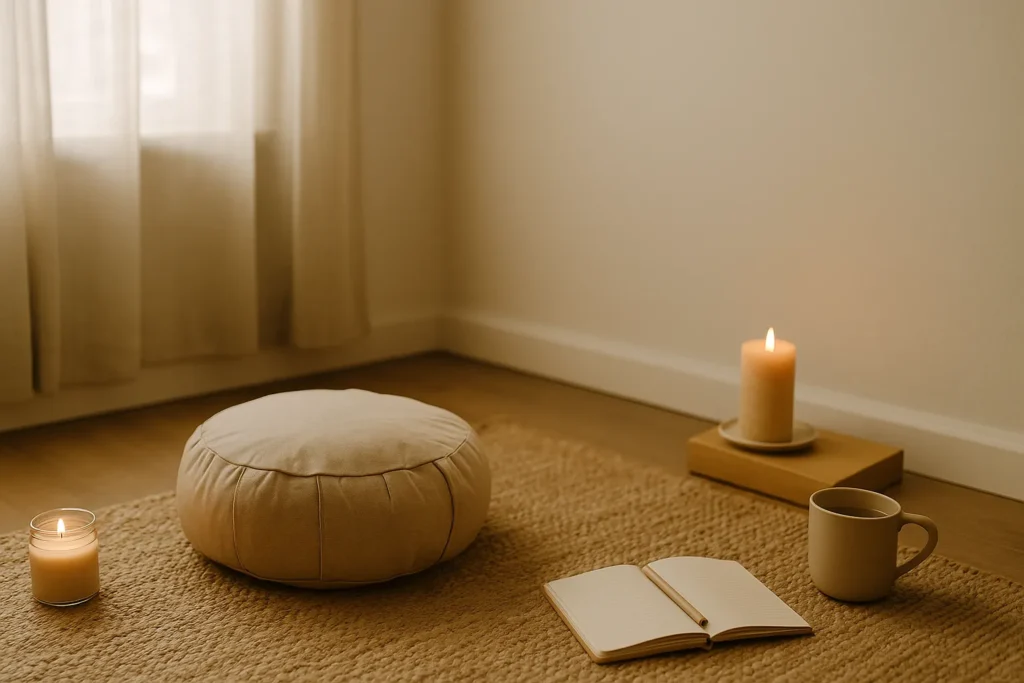 Peaceful meditation corner with floor cushion, candlelight, open journal, and a mug—soft daylight through curtains.
