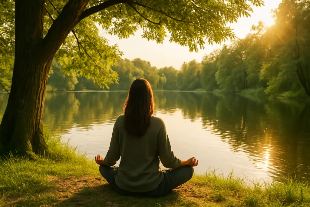 Person meditating by a calm lakeside under a leafy tree in golden afternoon light.
