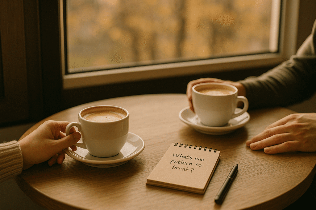 reflective coffee chat with a supportive friend—two cups by a window and a small notepad for honest questions