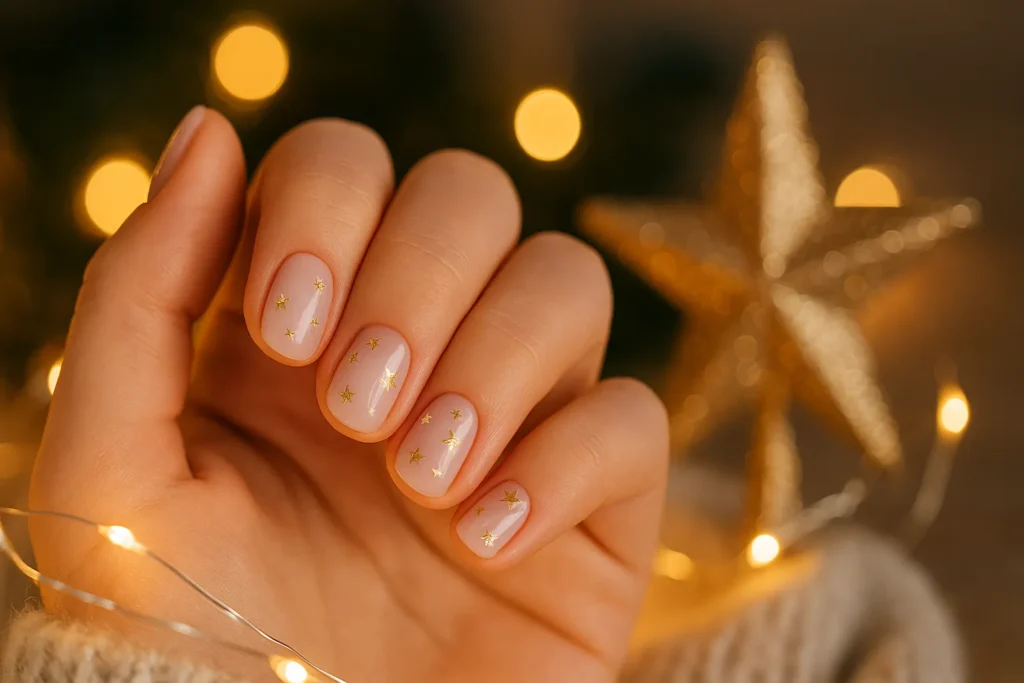 Delicate pink and gold star nail design styled for yourselflovehub.com’s holiday nails post.