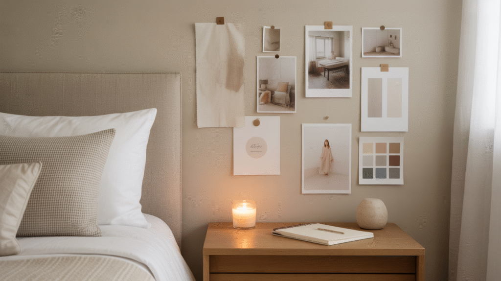 A bedroom mood board with soft color swatches and photos, showing how to design your room around how you want it to feel.