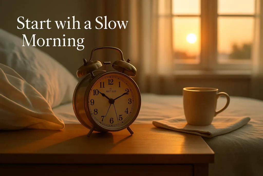 sunrise bedside scene with a warm mug and vintage alarm clock on a nightstand beside soft sheets, calm light for a slow mindful Sunday
