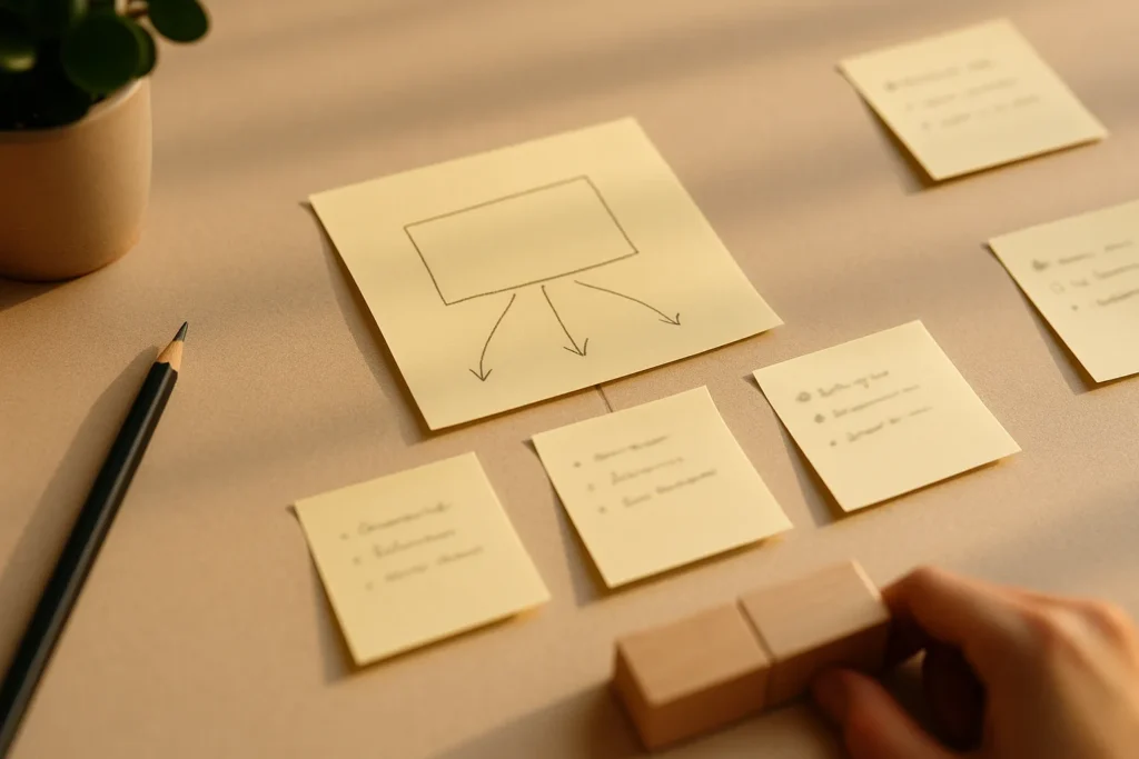 desk with pale yellow sticky notes arranged like a flow chart under warm sunlight, showing a big goal broken into smaller steps with no readable text