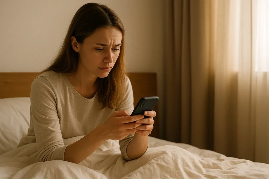 young woman sitting up in bed in morning light, frowning at her phone as she scrolls social media and compares herself to others