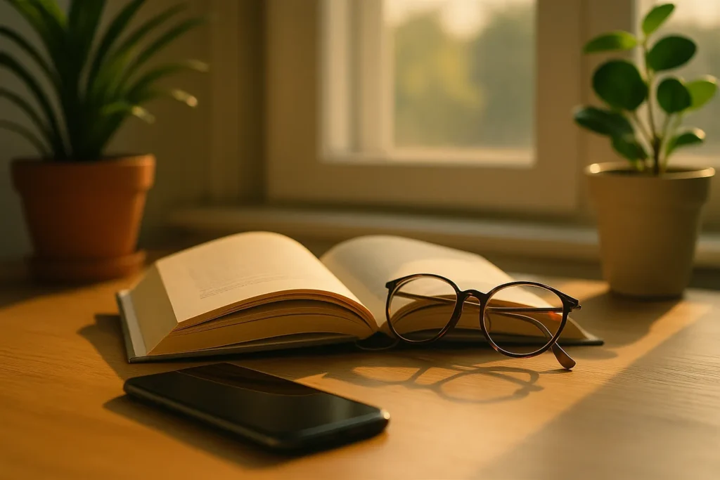 phone placed face down beside an open book and glasses on a sunlit wooden table with plants by the window, showing a calm screen-free break