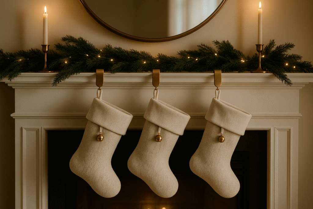 Neutral knit stockings on sleek brass holders beneath a garland with micro-lights and candlesticks.
