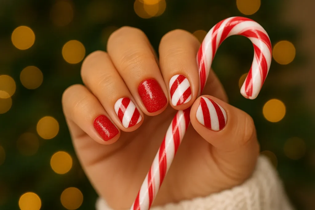 Candy-cane striped Christmas nails for short nails with glittery details.