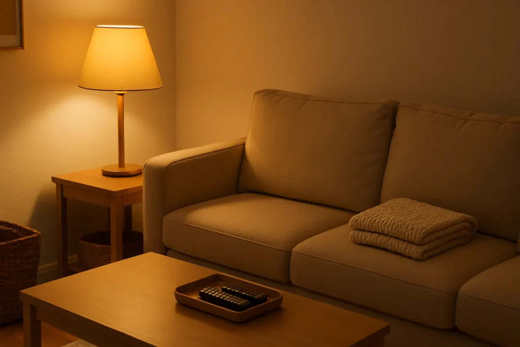 Cozy living room corner with an amber lamp, folded throw on the sofa, and a clear coffee table tray with remotes (1600×900).
