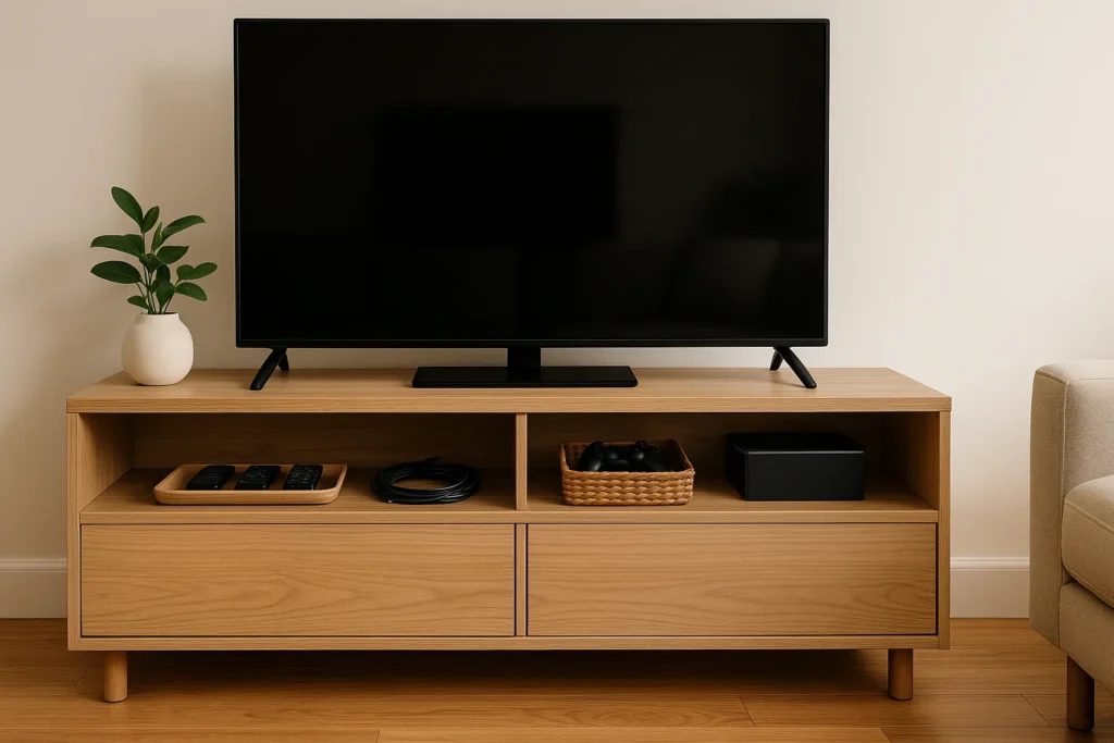 A tidy TV console with organized remotes, cables, and controllers, styled for a calm and functional entertainment zone.
