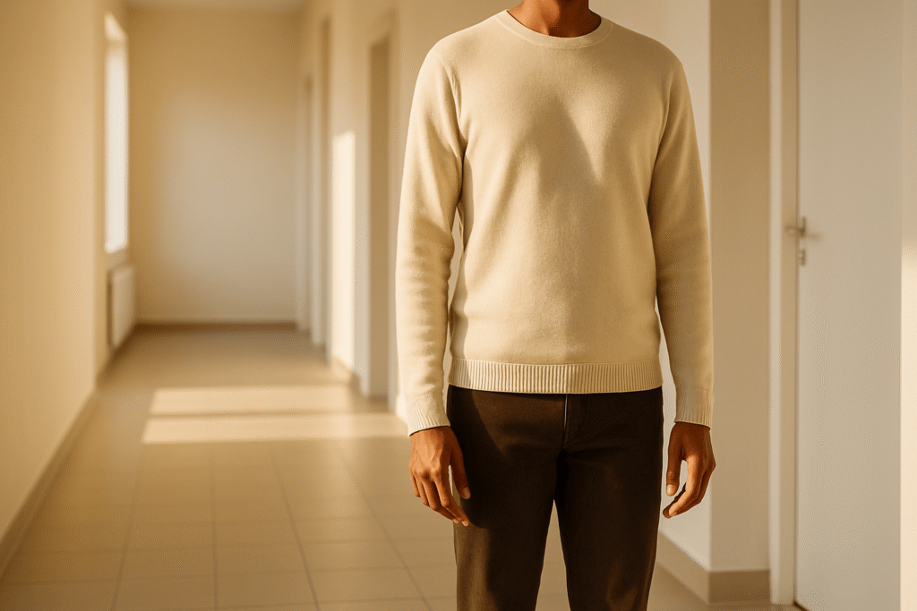 confident, relaxed stance in a sunlit hallway—shoulders open, posture tall, no face shown