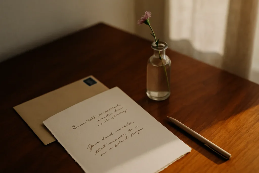 Handwritten letter on textured paper with an envelope and a tiny wildflower in soft window light (1600×900).
