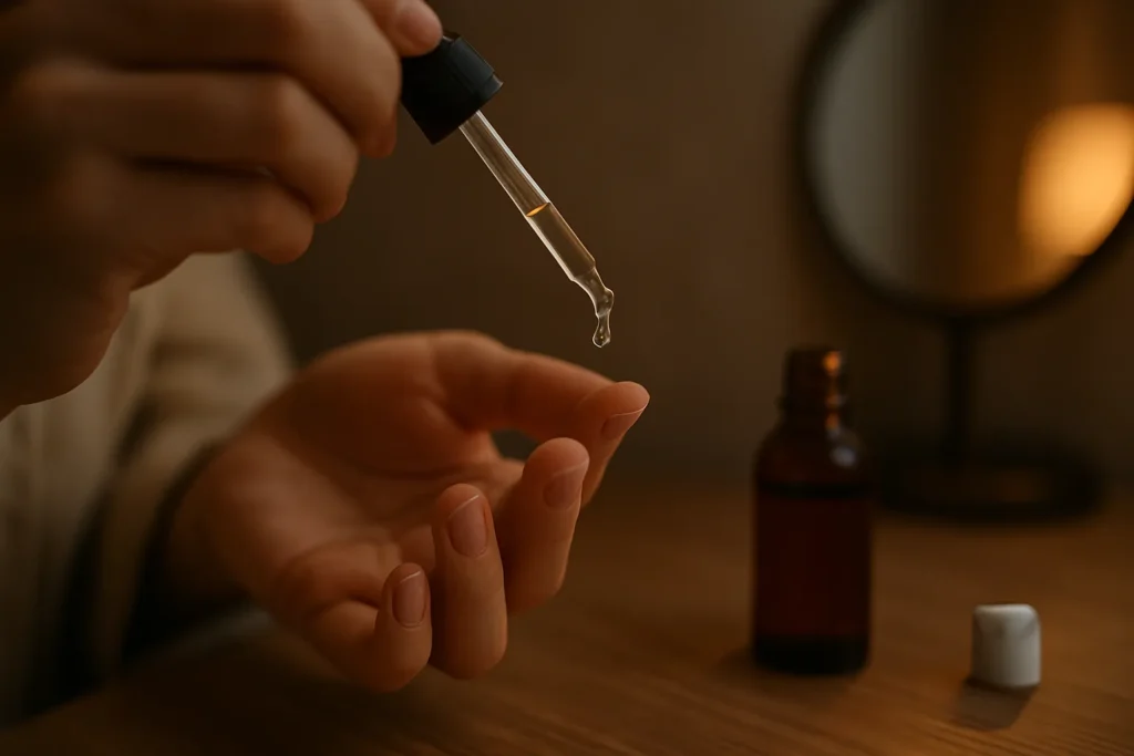 Close-up of a single serum drop about to land on a fingertip, with one amber bottle blurred in the background.
