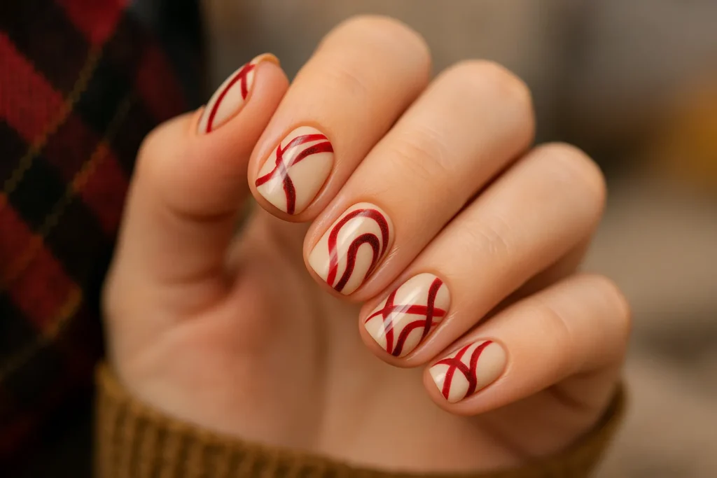 Swirled plaid-style red line nail art on a creamy base for a modern holiday look on yourselflovehub.com.