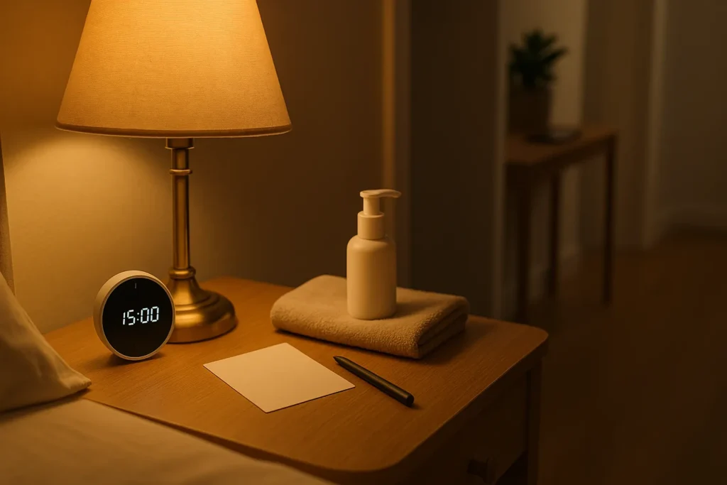 Warm bedside scene with a brass lamp, small timer, folded towel with a simple skincare bottle, blank card and pen; phone blurred on a console in the hallway (1600×900).
