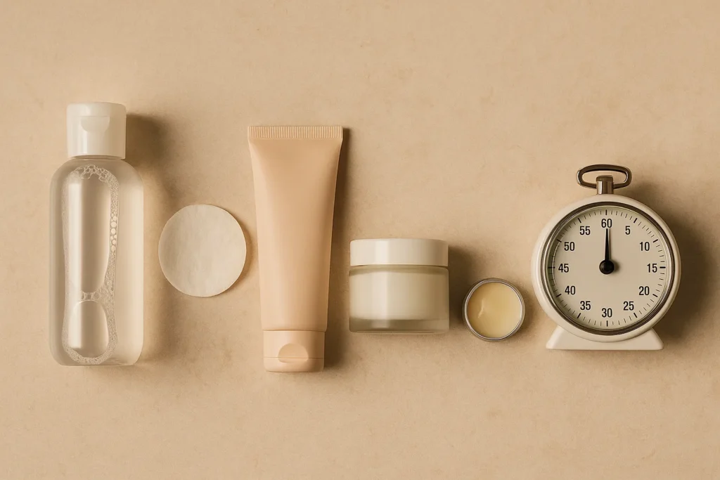 Flat-lay of micellar water, cotton round, gentle cleanser, night cream, lip balm—and a small kitchen timer—on a neutral background.
