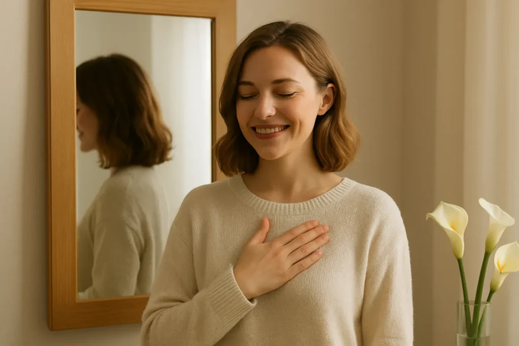 A woman standing in front of a mirror with her hand over her heart, smiling gently as she practices self-acceptance instead of constantly apologizing for herself.