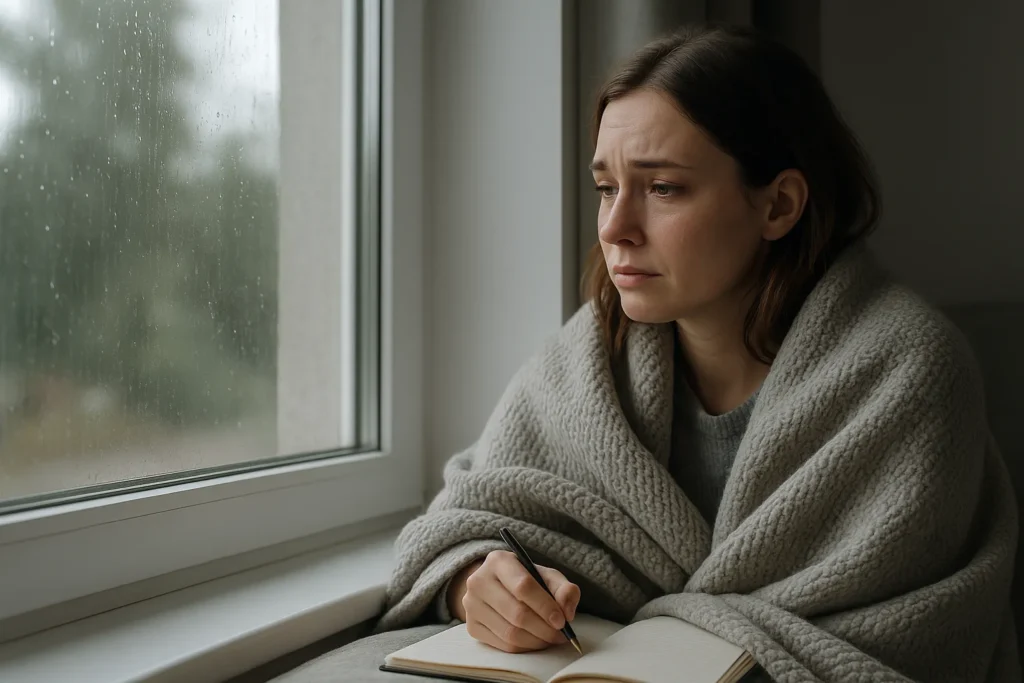 A woman wrapped in a blanket sitting by a rainy window, looking emotional and thoughtful as she lets herself feel instead of pretending to be fine.
