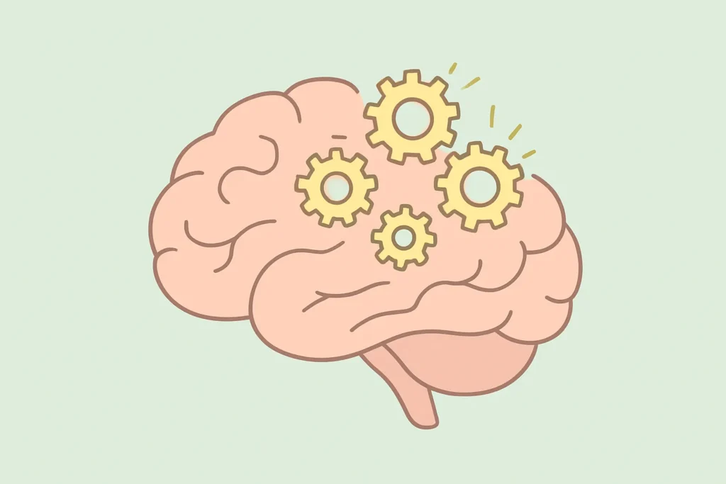 minimalist illustration of a pastel brain with small turning gears on a soft background, representing mindset and behavior change