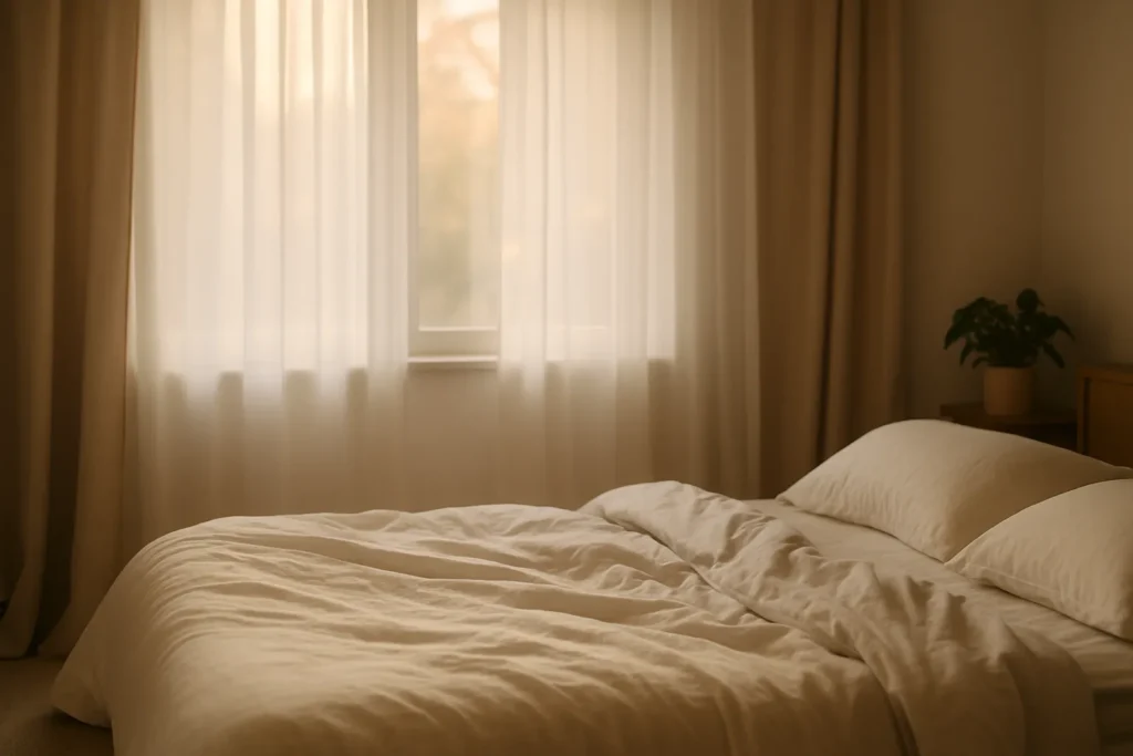 A peaceful bedroom with an unmade bed and soft morning light streaming through sheer curtains, symbolizing the freedom to rest without having to earn it first.