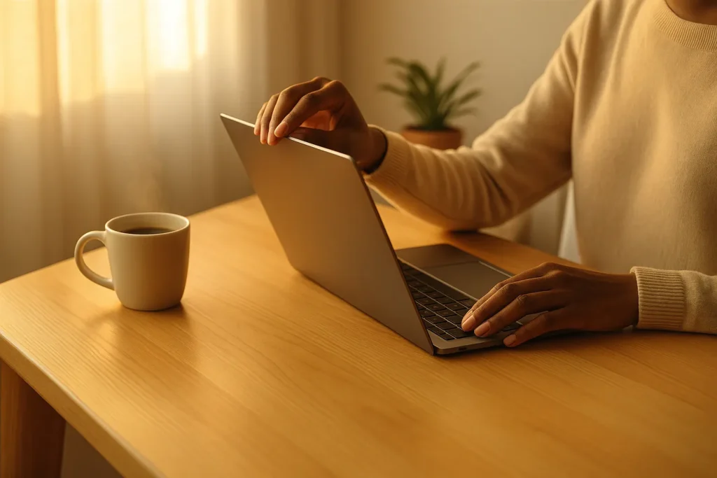 person opening a laptop at a simple morning desk with a steaming coffee mug and soft window light, symbolizing starting small to overcome hesitation