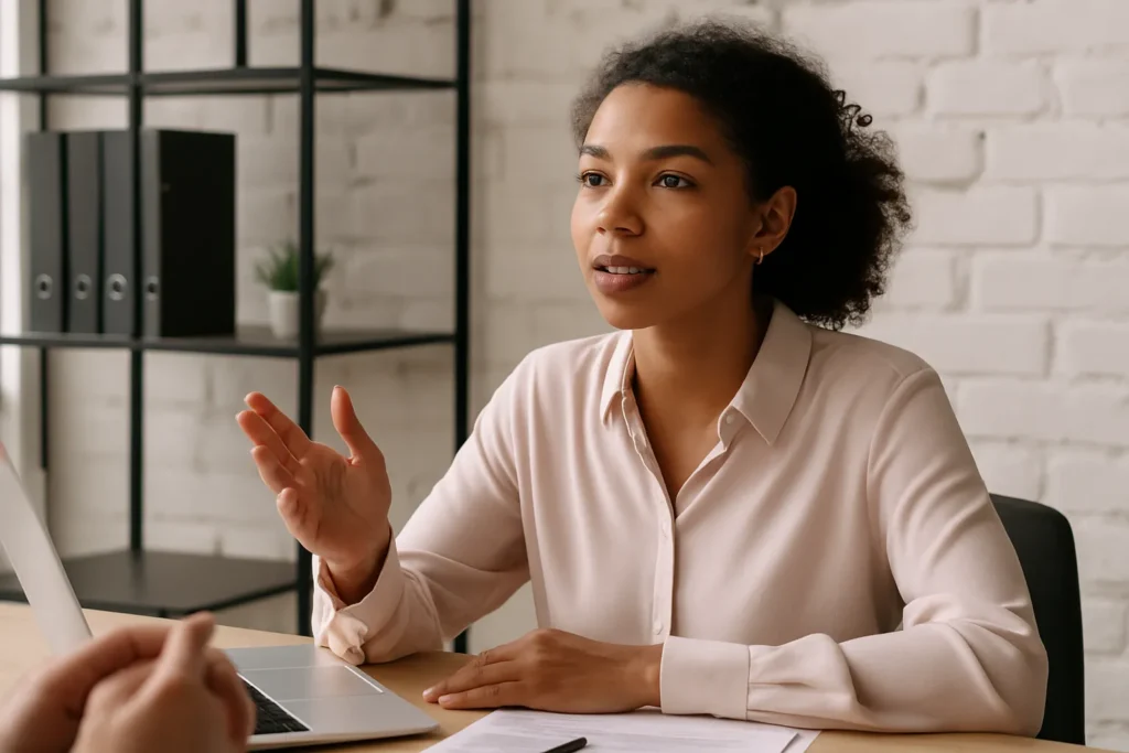 professional woman in a light blouse sitting at a meeting table, confidently explaining her point during a salary or rate negotiation