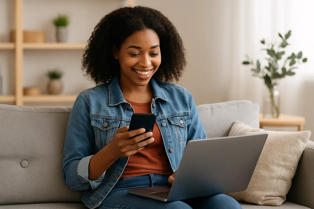 young woman sitting on a sofa smiling at her phone while a laptop rests on her lap, managing automated payments in a bright cozy living room