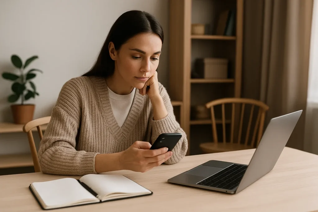 woman sitting at a wooden table with a notebook and laptop, calmly checking her finances on her phone in a bright cozy room