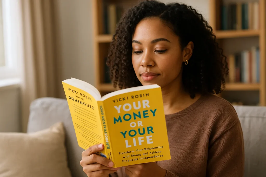 young woman sitting on a sofa in a cozy living room, deeply focused on reading a personal finance book in soft natural light