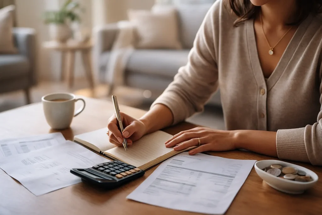 woman using a calculator and notebook at a sunlit table with bills and a cup of coffee while working out her monthly expenses, depicting the money habits of women