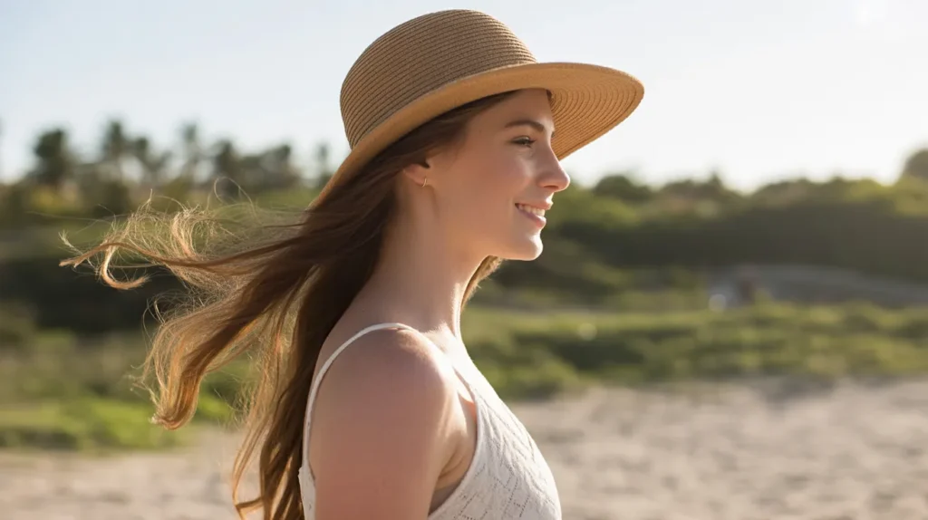 Girl with flowing hair walking outdoors on a sunny day wearing a wide-brim hat, gently protecting her strands from sun and wind.
