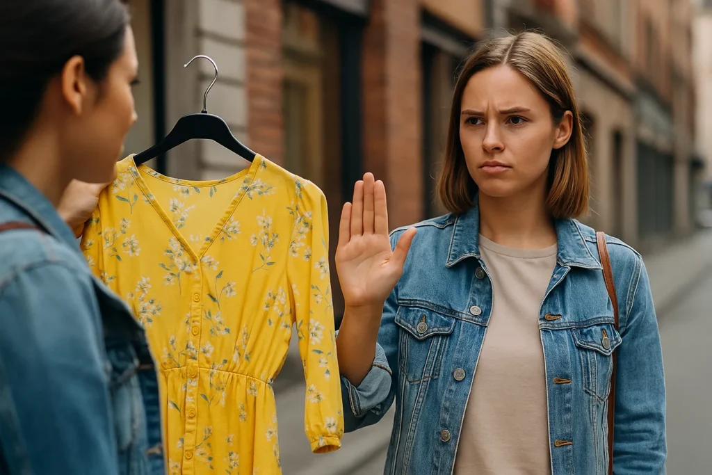 young woman in a denim jacket raising her hand to decline a bright yellow dress her friend is holding up while shopping on a city street