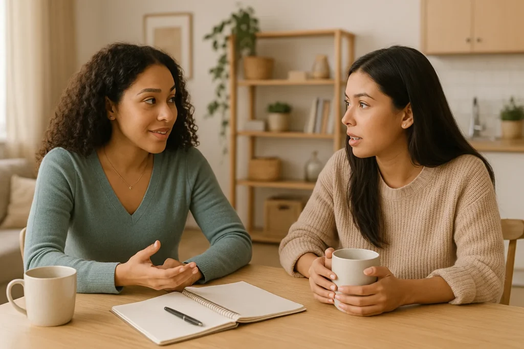 two women sitting at a wooden table with mugs and an open notebook, talking openly in a bright cozy apartment