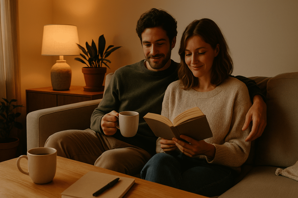 Calm evening routine—partners reading together on the sofa with mugs and a warm lamp; steady, everyday care over fireworks.