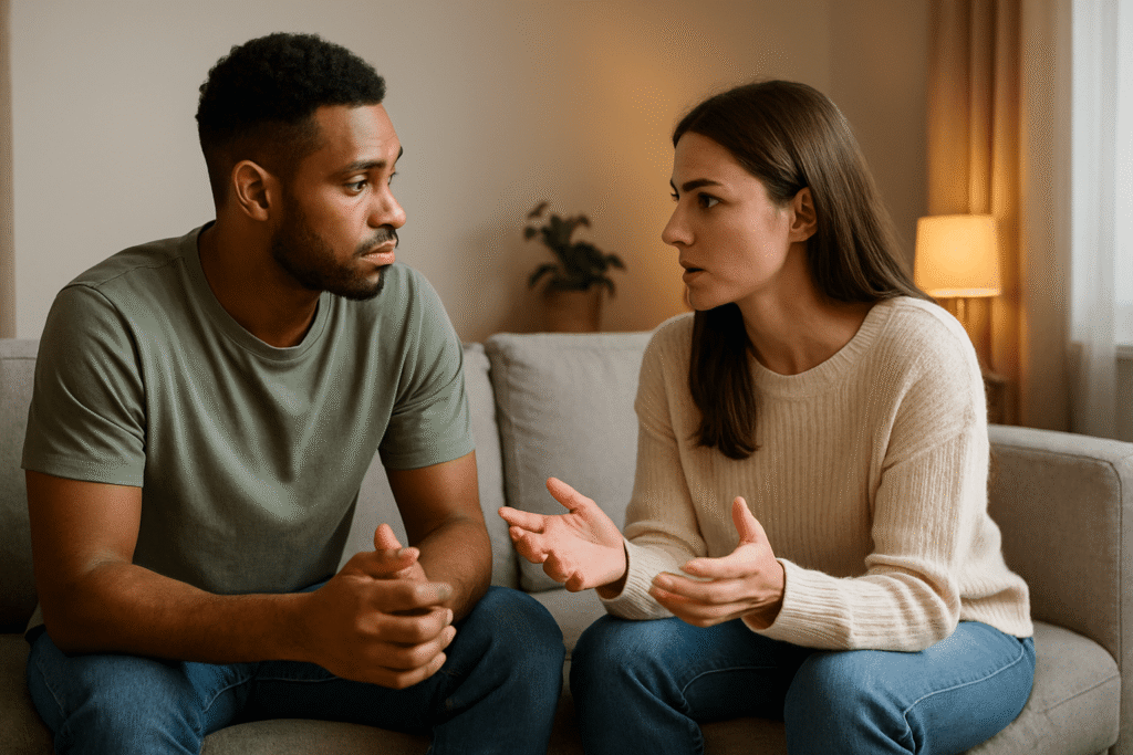 Couple on a sofa in warm light—one partner listens with care while the other speaks openly; serious conversation, calm body language.