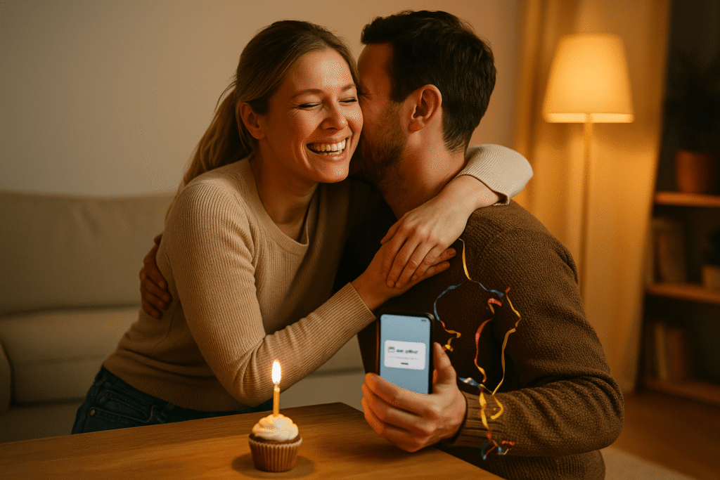 Partner hugs the other after a job-offer text; small cupcake with candle and confetti nearby, warm evening lamplight, candid joy.