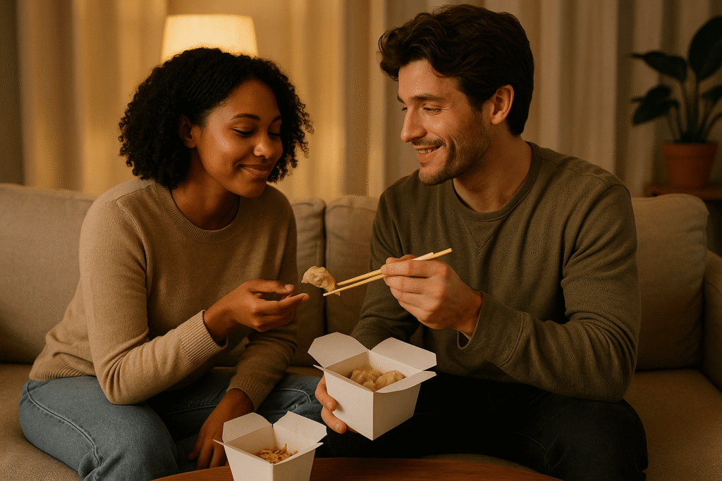 Cozy weeknight—partners share takeout on the sofa; one offers the last dumpling with a smile, warm lamplight and neutral tones.