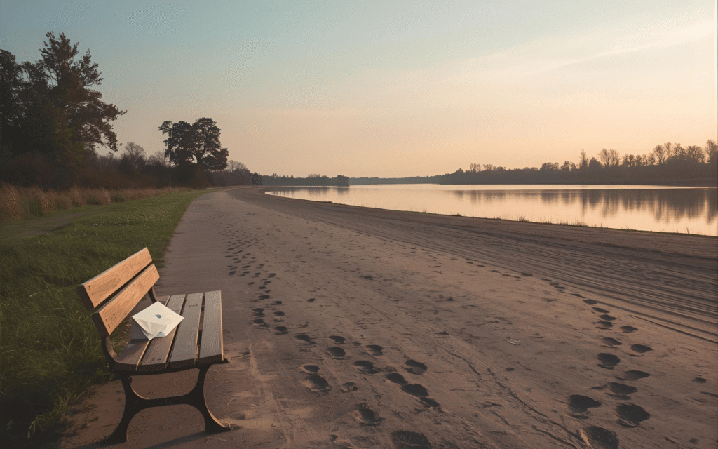 Sunrise path with footprints forward; sealed envelope left on a bench; calm, pastel sky.