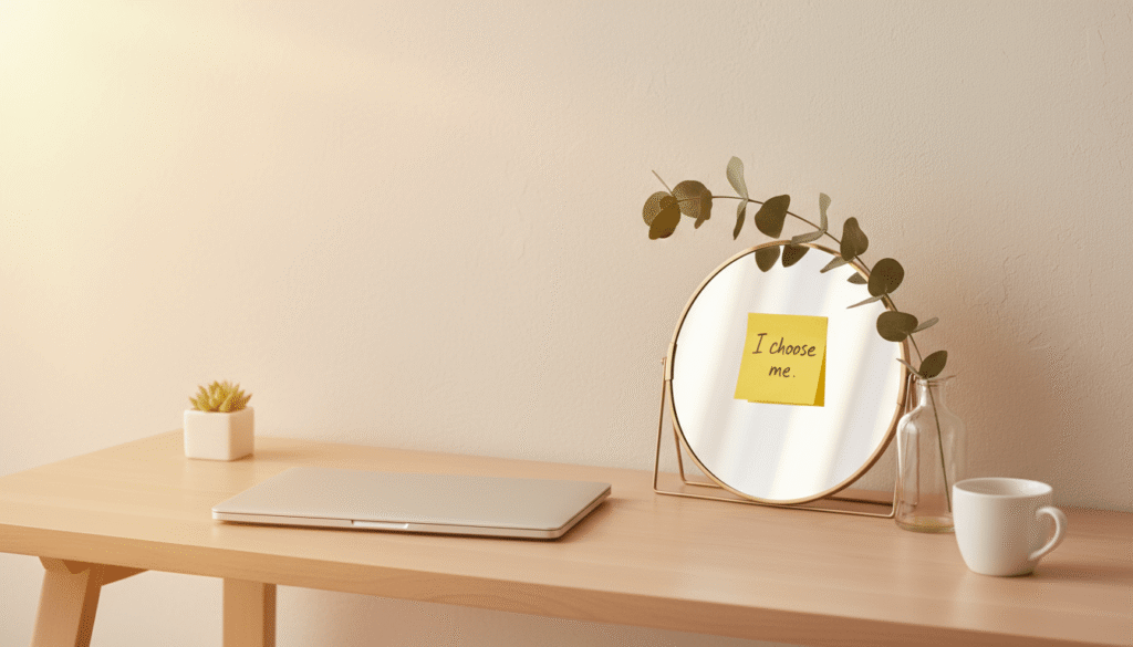Minimal desk with a closed laptop, small vase, and a mirror bearing a sticky note that reads “I choose me,” lit by soft morning light.