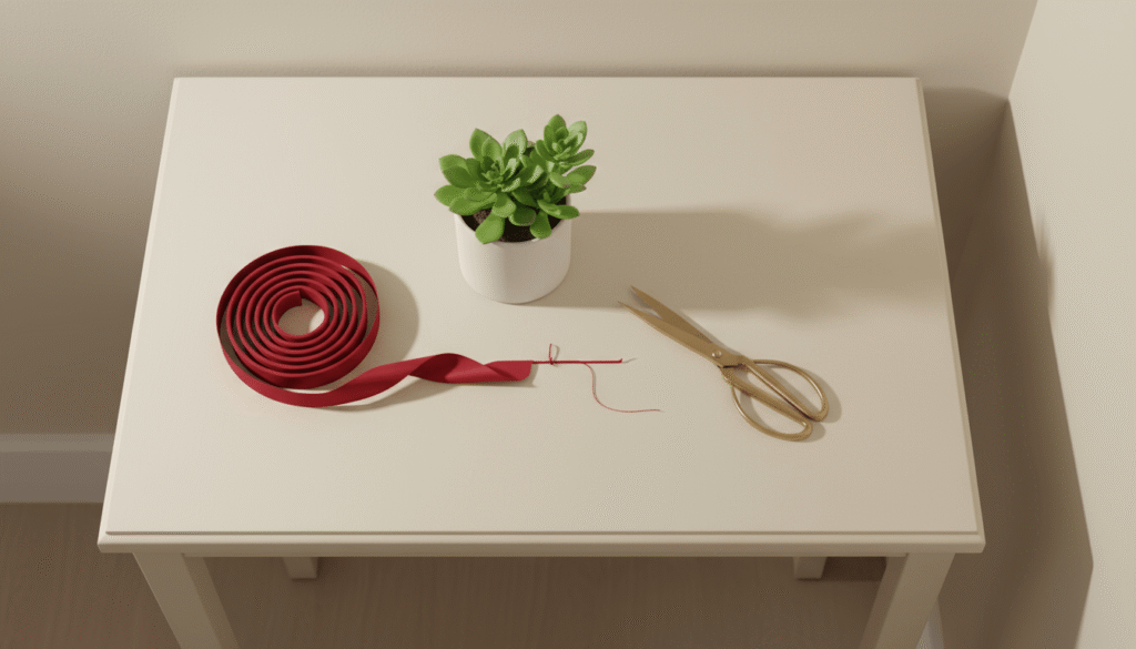 Symbolic flat-lay: red ribbon beside gold scissors and a small green plant on a console.