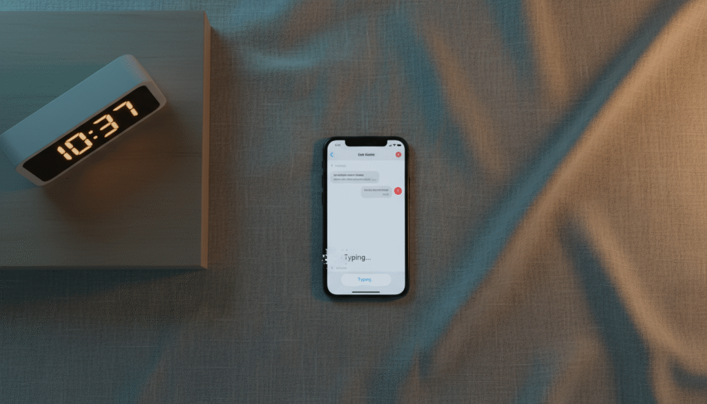 Phone on linen bedding with fading “Typing…” bubble; nightstand clock; soft, moody light.
