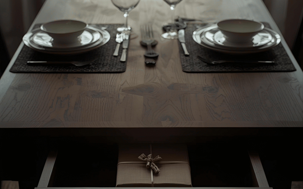 Table set for two; small wrapped gift being put back into a drawer; soft evening glow.

