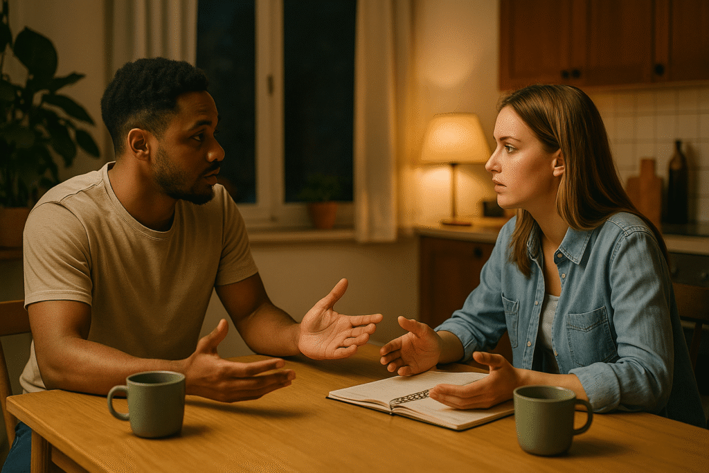 Two partners calmly discussing at a wooden kitchen table, warm lamplight, open notebook and tea mugs between them, respectful body language.