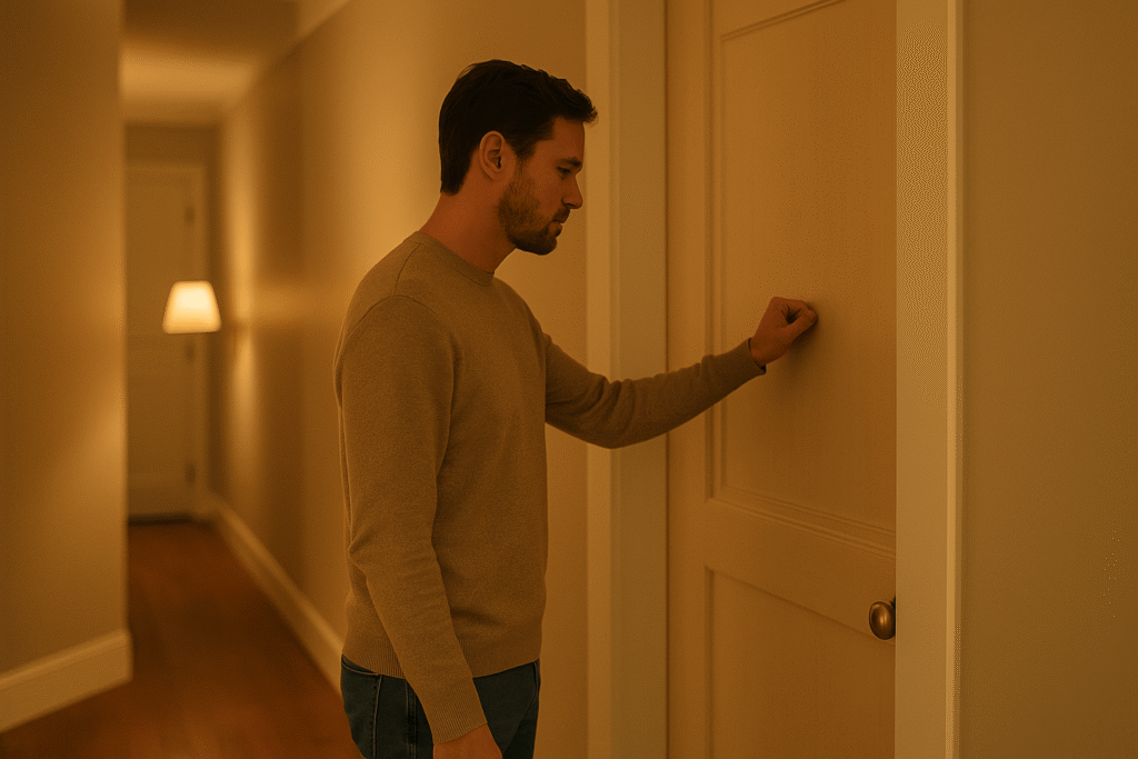 Partner knocks gently on a closed bedroom door in a warm hallway, pausing to ask permission before entering; respectful posture,