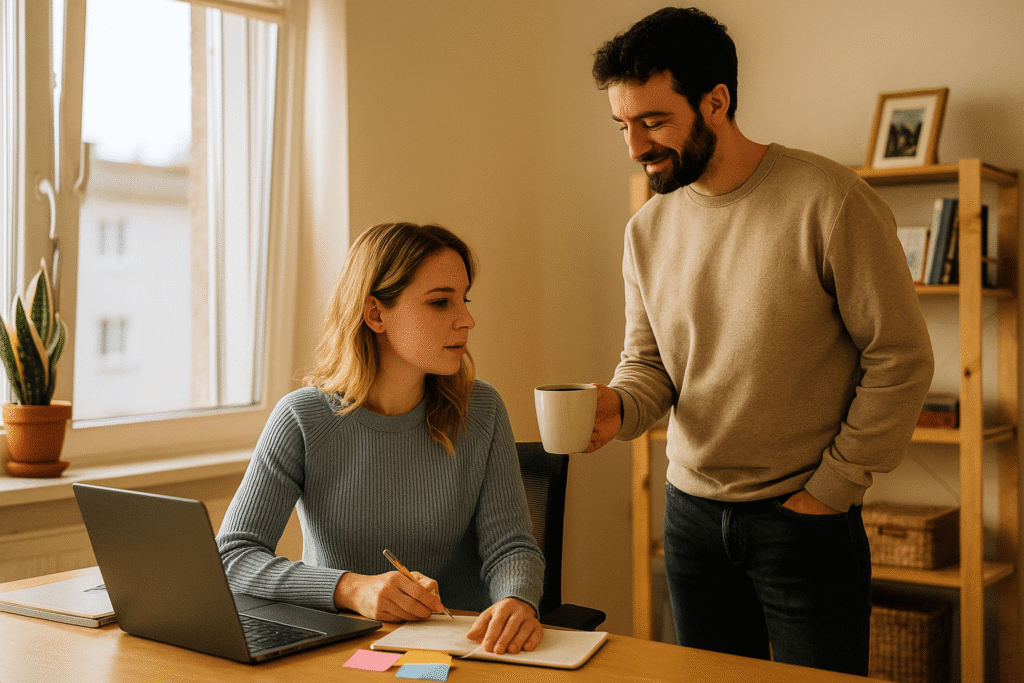 Partner brings a warm mug while the other studies at a sunlit desk; laptop, notebook, and sticky notes show active learning in a calm home office.