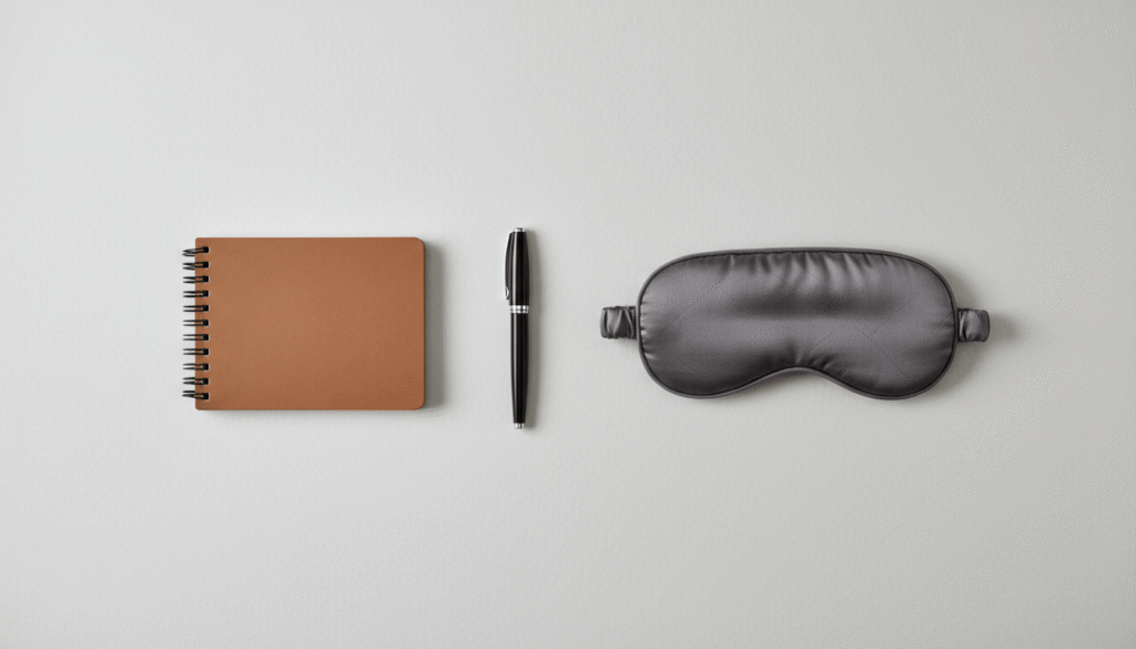 three step nighttime routine with journal pen and sleep mask