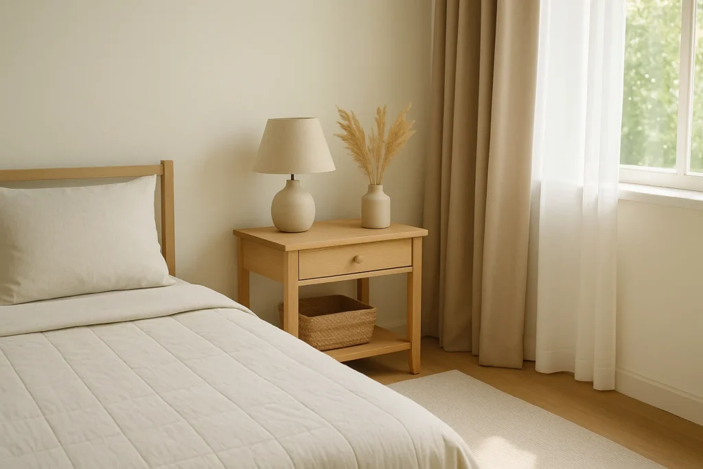 minimal bedroom corner with a neatly made bed, wooden nightstand, small lamp, and pampas grass by a bright window, clean and calming atmosphere