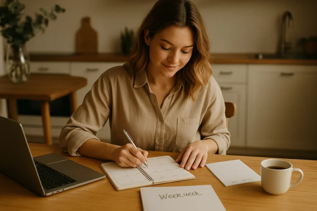 woman sitting at a kitchen table with a planner laptop and coffee, calmly organizing her week and setting intentional plans and boundaries