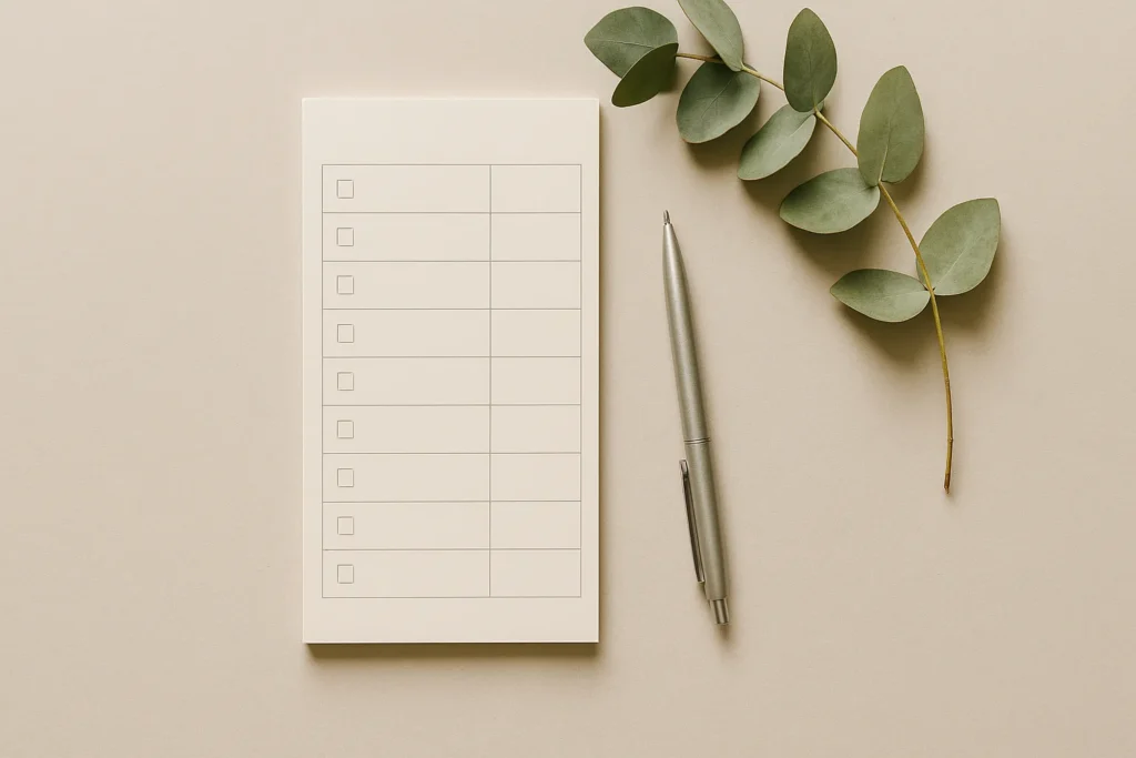 horizontal flat lay of an undated weekly checklist notepad with empty checkboxes, a eucalyptus sprig, and a neutral pen on a beige surface in bright calm light