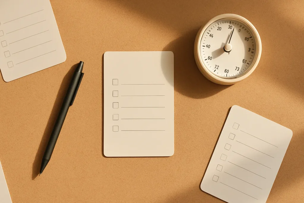 horizontal corkboard desktop with simple blank checklist cards, a neutral timer, and a pen in warm natural light, showing an easy routine for consistent Self-Care Sundays