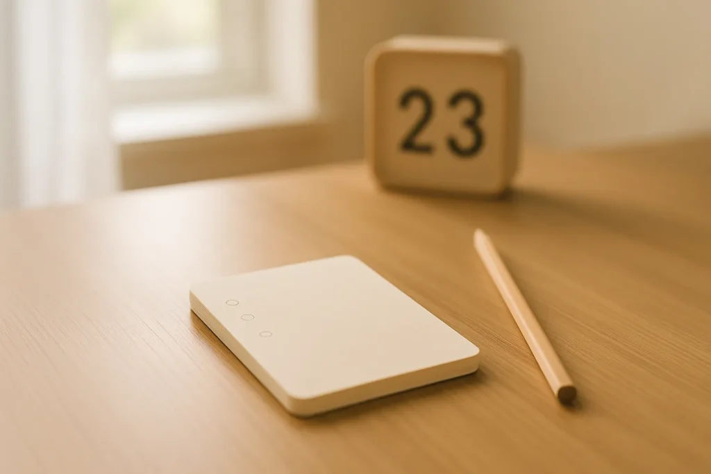 Minimal desk with a small notepad showing three empty bullet dots beside a pencil; calendar block soft in the background (1600×900).
